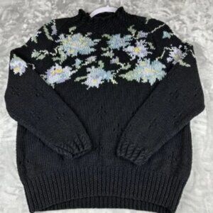 Vintage Karen Scott Hand Knits Sweater Women's Large Black Flowers Pearls (0924)